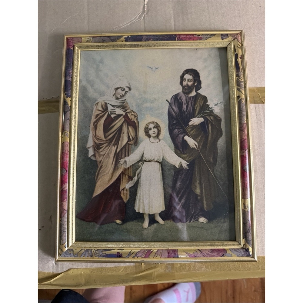 RARE OLD VINTAGE FRAMED RELIGIOUS SCENE HOLY FAMILY MARY JOSEPH YOUNG JESUS DOVE